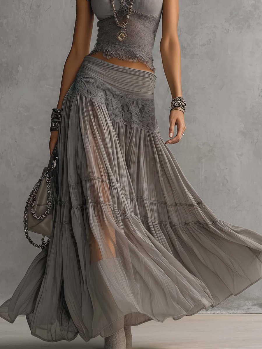 Elena- Conjunto de Top com Painéis de Renda e Saia Maxi Plissada - Image 5