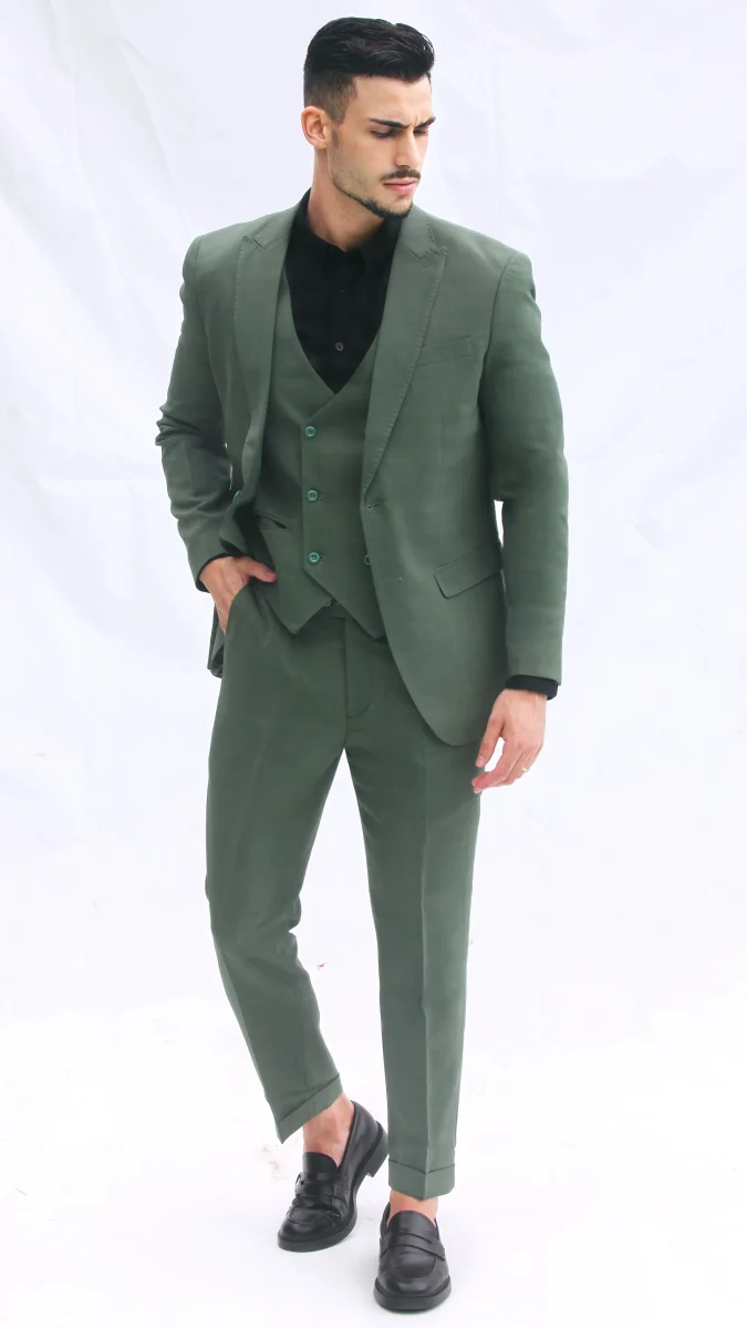 Fato Verde Oliva Elegante Slim Fit - 3 Peças - Image 3
